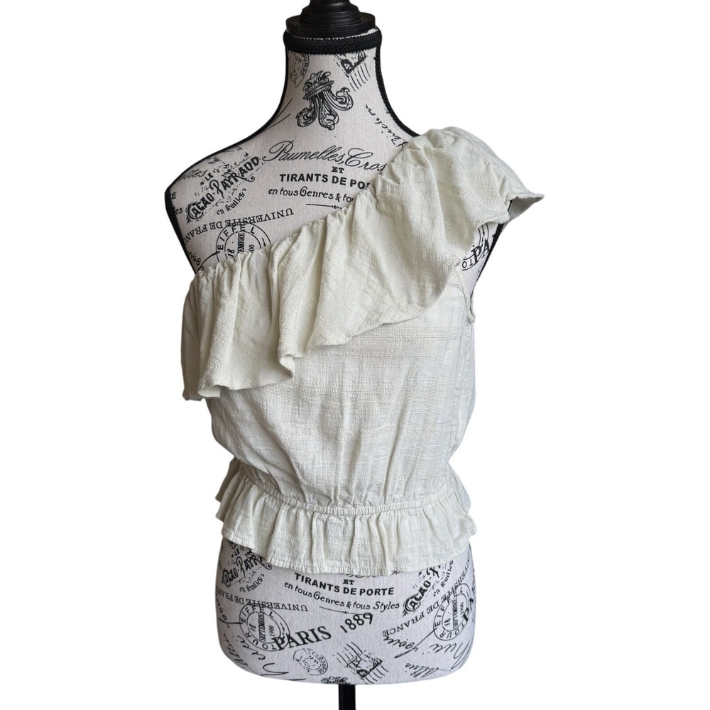 American Eagle One Shoulder Ruffle Crop Top Cream XS Women's Blouse Boho Chic
